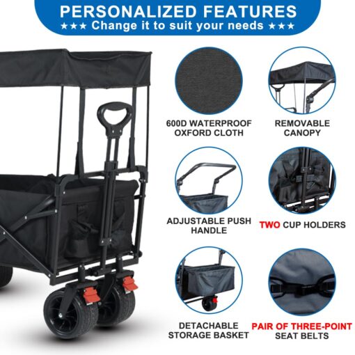SKYMANOR Collapsible Wagon with Removable Canopy, 3-in-1 Heavy Duty Garden Cart with Big All-Terrain Wheels, Brakes, Adjustable Push Pull Handle, Cooler Bag, 300LBS Wagon Cart for Camping (Black) - Image 8