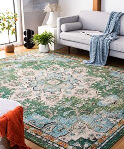 SAFAVIEH Madison Collection Area Rug - 8' x 10', Green & Turquoise, Boho Chic Medallion Distressed Design, Non-Shedding & Easy Care, Ideal for High Traffic Areas in Living Room, Bedroom (MAD473Y)