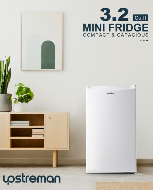 Upstreman 3.2 Cu.Ft Mini Fridge with Freezer, Single Door Mini Fridge, Dorm Fridge, Adjustable Thermostat, Mini Refrigerator for Dorm, Office, Bedroom, White-BR321 - Image 5