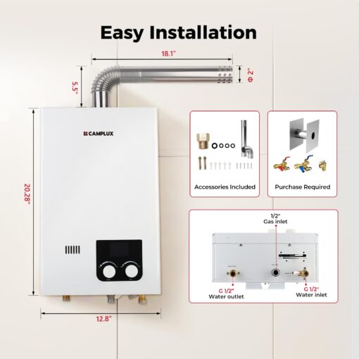 CAMPLUX Natural Gas Water Heater Indoor, Tankless Water Heater, 2.64 GPM On Deamnd Hot Water, Whole House, White - Image 2