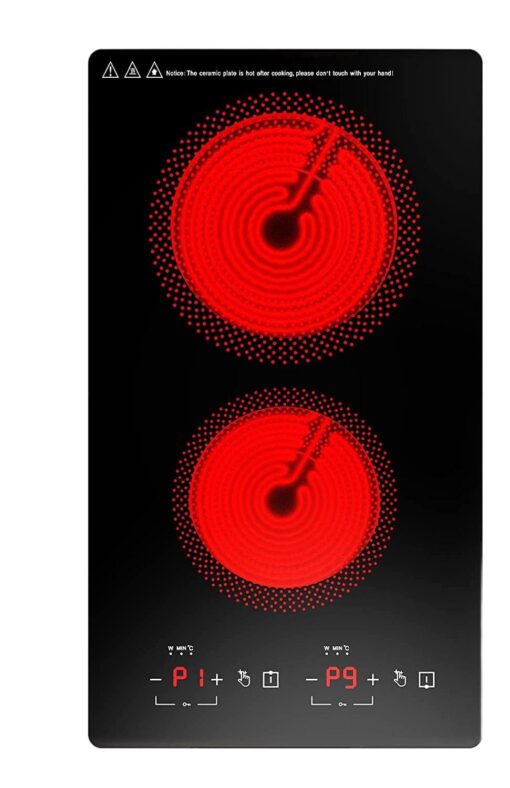 Electric Cooktop 2 Burners 2100W, 110v Electric Stove Top 12 inch, Independent Control 20 Temperature Ranges 9 Power Levels Induction Cooktop, All Kinds of Cookwares