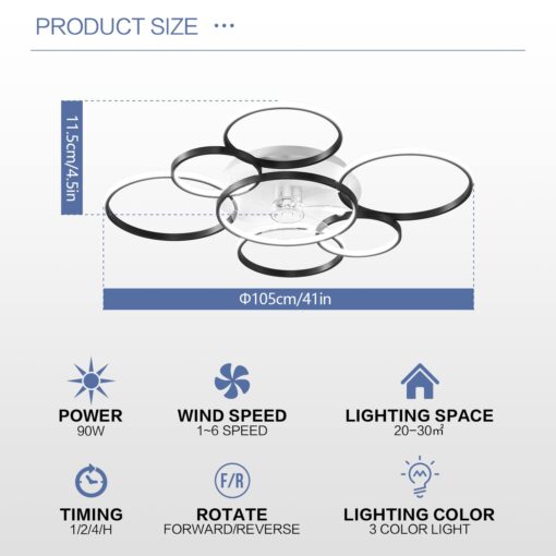 SNOWUNDER 41" Modern Ceiling Fan with Light, Flush Mount Celing Fan with Led Light and Remote Control for Living Room，Tri-Color Light 6-Speed Wind - Image 5