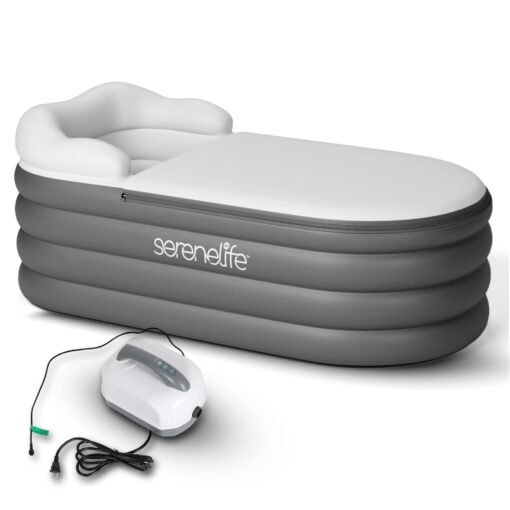 SereneLife Jacuzzi Spa Bathtub with Bubble Massage Mat - Inflatable Bath w/Built-In Heater, Includes Inflatable Pillow, Cup Holder, Remote Control for LED Lighting, Backrest & Armrests - Image 2