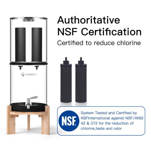 FACHIOO Gravity-Fed Water Filter System, 2.25G Glass Countertop System with 2 Black Purification Filter, Metal Spigot and Stand, NSF/ANSI 42 Certification, Reduces up to 99% of Chlorine - Image 8