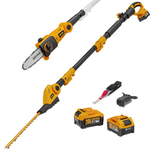 Alloyman Pole Saw 8-Inch Cordless and 16-Inch Pole Hedge Trimmer 2-in-1,with 2 Packs 4.0Ah Batteries & Charger,for Tree Trimming and Shrubs Pruning