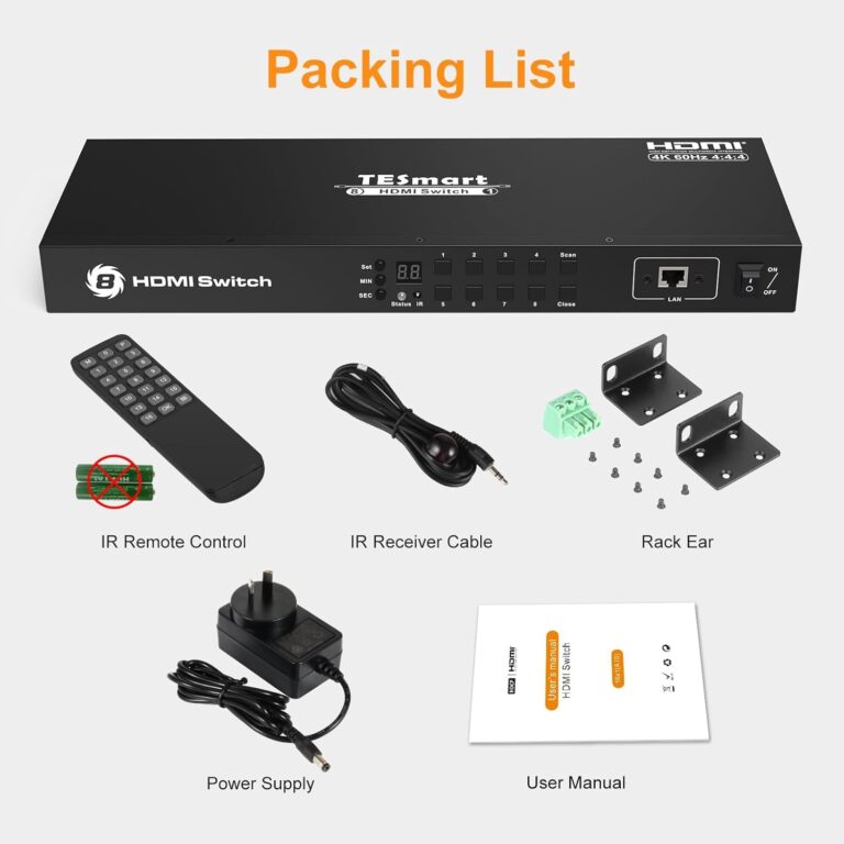 TESmart 8×1 HDMI Switch 8 in 1 Out 4K @ 60Hz HDCP with 19-inch Rack-Ears | RS-232 / LAN Control | IR Remote Control and Auto Switch | Auto Scan Time Interval - Black - Image 2