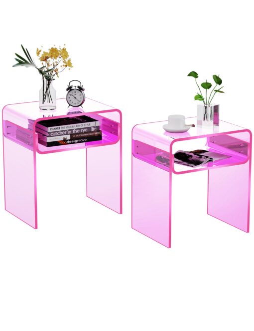 solaround Clear Acrylic End Table 2-Tier Bedside nightstand for Living Room Bedroom Home Decor (Pink Double)