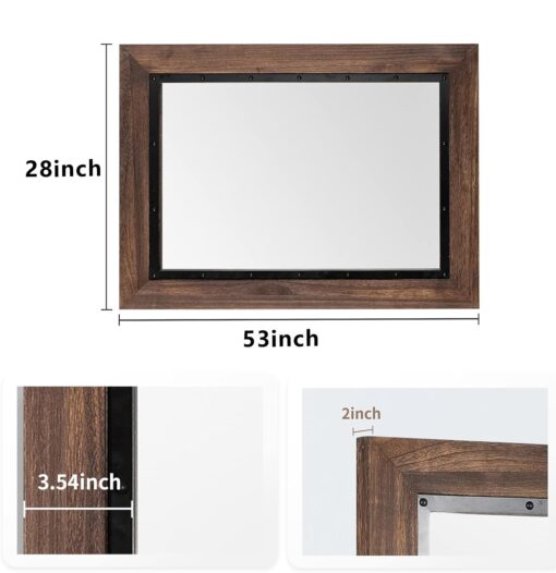 YOSHOOT Rustic Wooden Framed Wall Mirror, Natural Wood and Iron Bathroom Vanity Mirror for Farmhouse Decor, Vertical or Horizontal Hanging, 53" x 28", Brown - Image 6