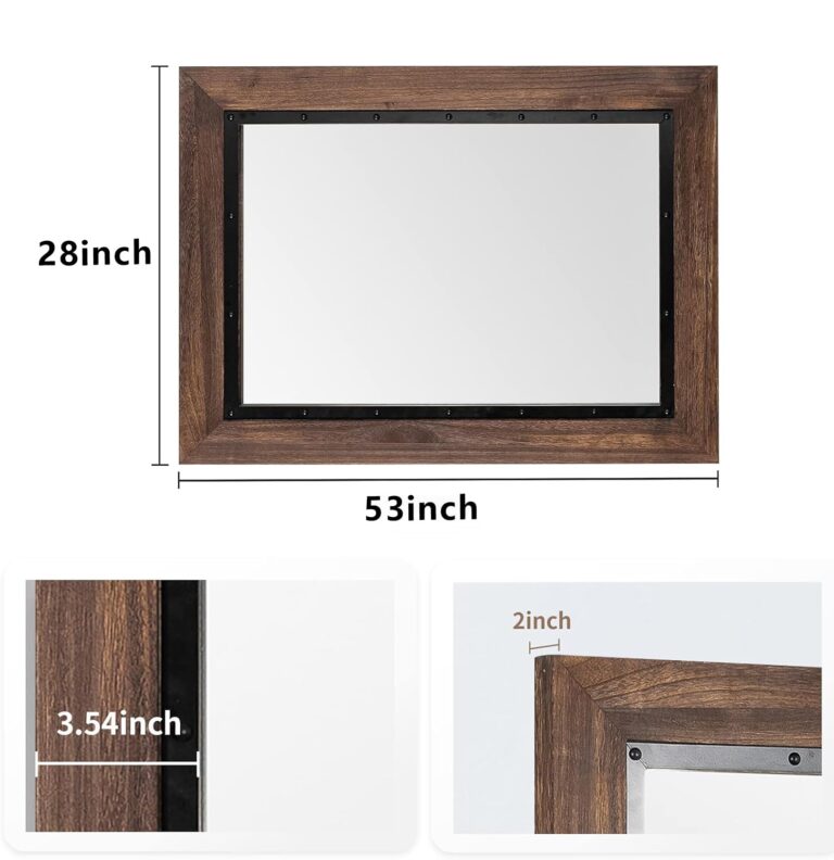 YOSHOOT Rustic Wooden Framed Wall Mirror, Natural Wood and Iron Bathroom Vanity Mirror for Farmhouse Decor, Vertical or Horizontal Hanging, 53" x 28", Brown - Image 6