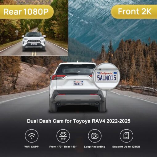 Fitcamx Front 2K+Rear 1080P Dash Cam for 2022-2025 Toyota RAV4 LE Limited SE Adventure XLE XSE (Model B/Has Vent Hole), OEM Style, Dual 1440P+1080P Video, Loop Recording, WiFi&APP, G-Sensor, 64GB Card - Image 7