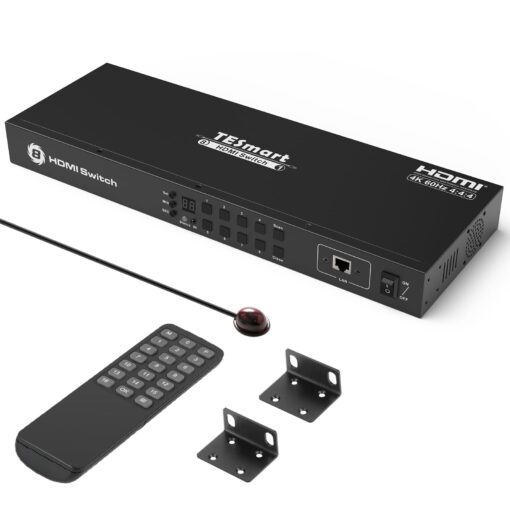 TESmart 8×1 HDMI Switch 8 in 1 Out 4K @ 60Hz HDCP with 19-inch Rack-Ears | RS-232 / LAN Control | IR Remote Control and Auto Switch | Auto Scan Time Interval - Black