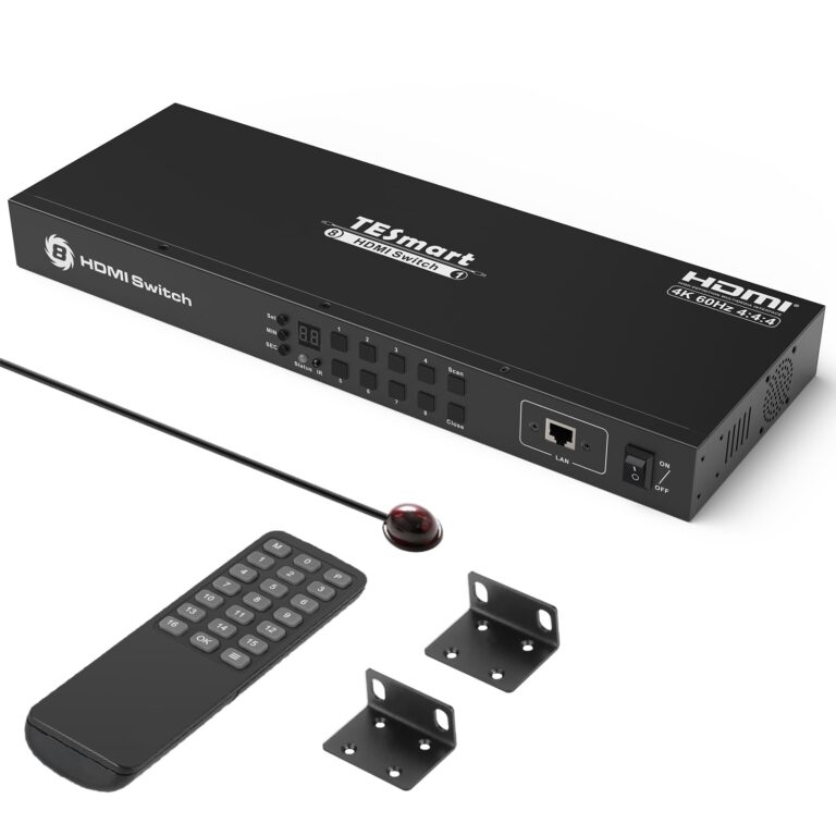 TESmart 8×1 HDMI Switch 8 in 1 Out 4K @ 60Hz HDCP with 19-inch Rack-Ears | RS-232 / LAN Control | IR Remote Control and Auto Switch | Auto Scan Time Interval - Black