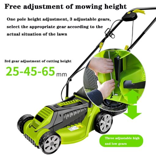 BVFNKQSC 1600W Powerful Electric Lawn Mower, Hand Pushed Cordless Electric Household Lawn Mower, with Adjustable Cutting Height in 3 Gears,Green - Image 6