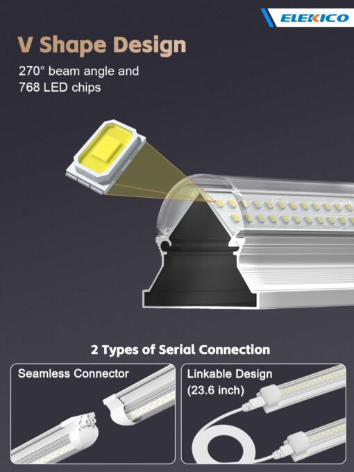 ELEKICO 12 Pack Super Bright 100w 8ft Led Shop Light, 15000lm 5000k V Shape 8' Led Shop Lights 8ft, Linkable 96" 8 Foot Shop Lights for Garage Workshop Shop Warehouse Lighting - Image 5
