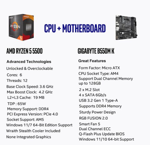 Micro Center AMD Ryzen 5 5500 Desktop Processor with GIGABYTE B550M K Motherboard (Micro-ATX, DDR4, Dual M.2, SATA 6Gb/s, PCIe 4.0) - Image 6