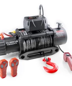 RUGCEL WINCH 12000lb 12V Truck Waterproof Electric Black Synthetic Rope Electric Winch with Hawse Fairlead,Wired Handle,2 Wireless Remote Control,Jeep Trailer Winch