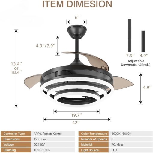 TXCSLY Retractable Ceiling Fan, 42 Inch Chandelier Ceiling Fan with Light, Modern Fandelier Ceiling Fan for Bedroom Living Room Dinning Room, Reverse Motor, 3 Color Temperature, 6 Wind Speed, Black - Image 7