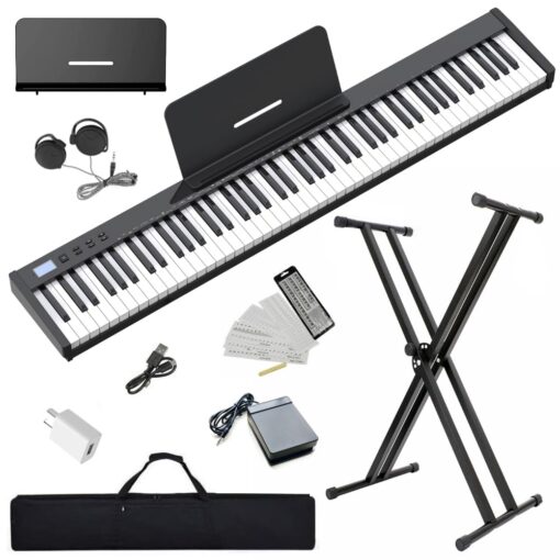 NikoMaku Piano Keyboard 88 Keys Semi-weighted Compact Portable Digital Piano Set for Beginners with Stand, Carrying Case, Sustain Pedal, Headphones, SWAN-S Black
