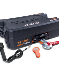 RUGCEL WINCH 12V DC Electric Portable Utility Winch 4500lb/2041kg Single Line Pull with Steel Mounting Plate, Integrated Hawse Fairlead and Synthetic Rope,Wiress Remote, Black
