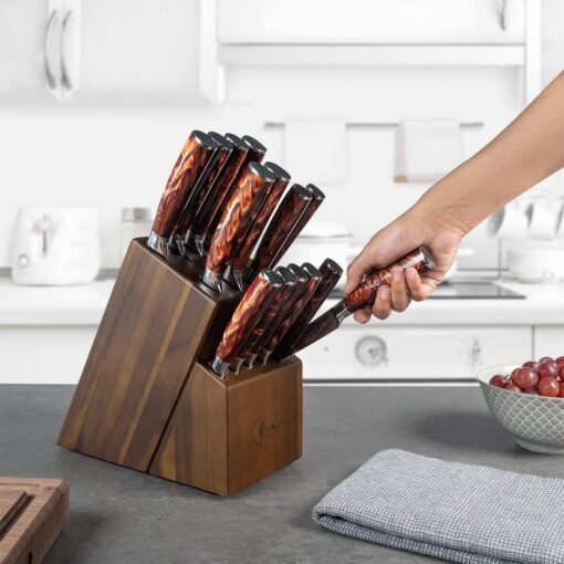 SENKEN 16-Piece Natural Acacia Wood Kitchen Knife Block Set - Japanese Chef's Knife Set with Laser Damascus Pattern, Includes Steak Knives, Kitchen Shears, Santoku, Cleaver & More (Red Resin Handles) - Image 4