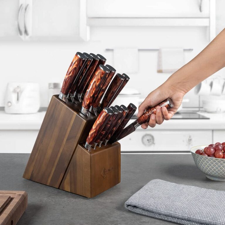 SENKEN 16-Piece Natural Acacia Wood Kitchen Knife Block Set - Japanese Chef's Knife Set with Laser Damascus Pattern, Includes Steak Knives, Kitchen Shears, Santoku, Cleaver & More (Red Resin Handles) - Image 4