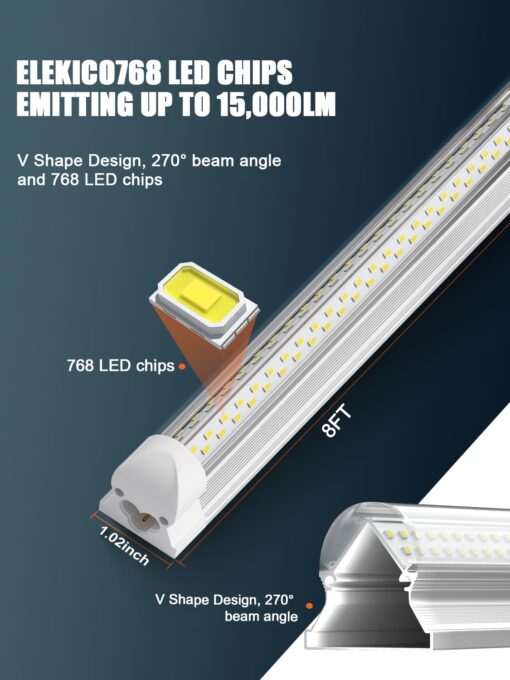 ELEKICO 6 Pack 100w 8ft Led Shop Light, Super Bright 15000lm 5000k V Shape 8' Led Shop Lights, Linkable 8 Foot Led Shop Lights for Garage Warehouse, Supermarket, Basement, Barn, Storage Area - Image 5