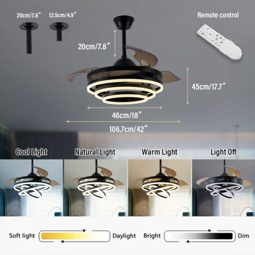 Zenouidle 42" Retractable Ceiling Fan Modern Ceiling Fans with Lights and Remote, Silent DC Motor,3 Color 6 Speed 3 Round Rings Chandelier Ceiling Fan with Lights for Bedroom Living Room(Black) - Image 6
