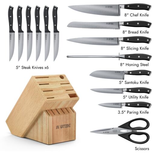 Yatoshi 15 Piece Black Knife Block Set - Pro Kitchen Knife Set Ultra Sharp High Carbon Stainless Steel with Ergonomic Handle - Image 8