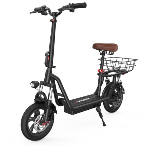 iScooter Electric Scooter with Seat, 21 Miles Long Range & 15.6 Mph Top Speed, 12'' Pneumatic Tire, Height Adjustable Seat &Handlebar, Dual Suspensions Commuting Scooter with Basket