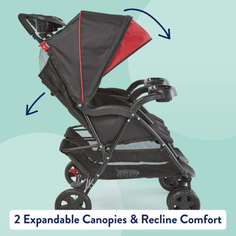 Kolcraft Cloud Plus Side-by-Side Lightweight Double Baby Stroller and Toddler Stroller with Reclining Seats, Child and Parent Trays, Large Storage, Extendable Canopies, Compact Fold - Red/Black - Image 7