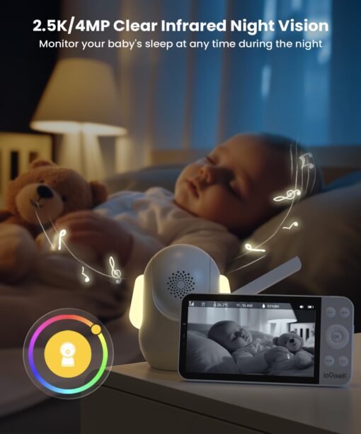 ieGeek 5.5’’ Split-Screen Baby Monitor,2.5K UHD Baby Monitor with 2 Cameras and Audio,Night Light,Prone Sleeping&Cry Detection,Two-Way Talk,Night Vision,2.4G&5Ghz WiFi App Control,4000mAh Battery - Image 5