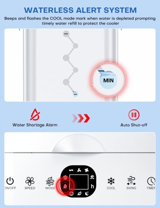 COOLECH Portable Air Conditioners w/Remote, 4 Modes & 3 Speeds, Waterless Alert System & 2.4-Gal Tank for 20H Cooling, 12H Timer for Auto Off, 3-IN-1 Evaporative Air Cooler for Room Bedroom Office - Image 7