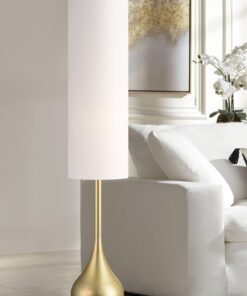 Possini Euro Design Moderne Mid Century Modern 62" Tall Standing Floor Lamp Droplet Foot Switch Metal Soft Gold Finish Living Room Bedroom House Reading Office Home Decor Entryway White Drum Shade