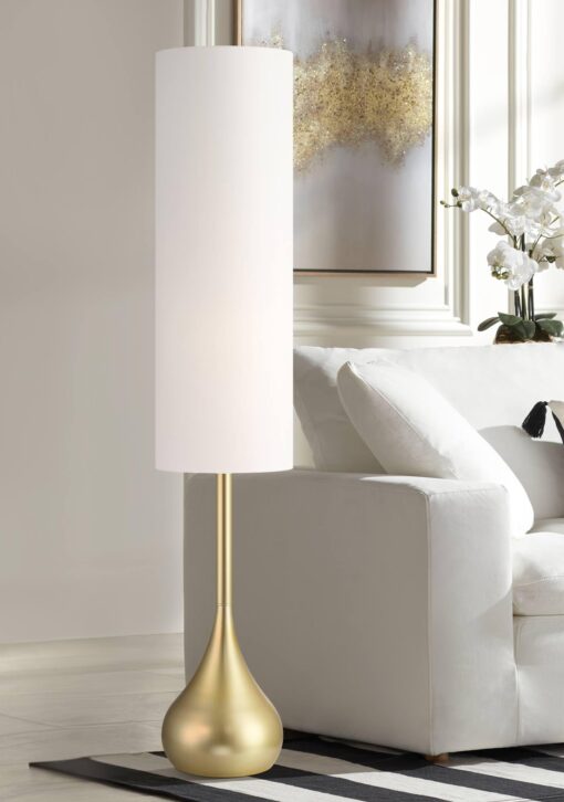 Possini Euro Design Moderne Mid Century Modern 62" Tall Standing Floor Lamp Droplet Foot Switch Metal Soft Gold Finish Living Room Bedroom House Reading Office Home Decor Entryway White Drum Shade