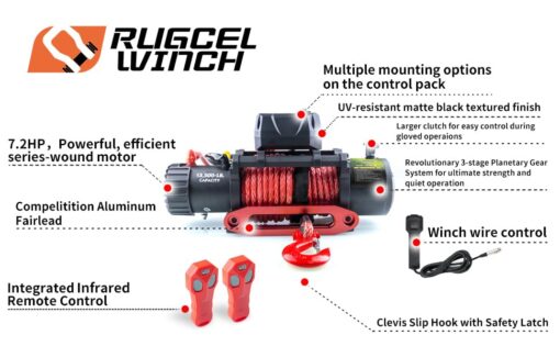 RUGCEL WINCH 13500lb Waterproof Electric Truck Winch 12V Synthetic Rope Jeep Winch with Hawse Fairlead,Wired Handle and 2 Wireless Remote,for Trailer and Wrangler in Car Lift - Image 3