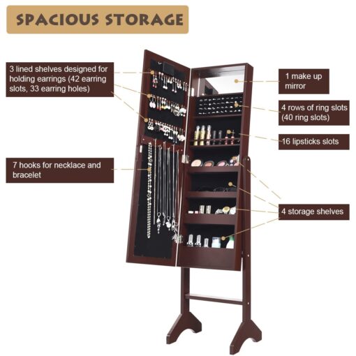 Giantex Standing Jewelry Armoire with 18 LED Lights Around the Door, Large Storage Mirrored Jewelry Cabinet with Full Length Mirror, 16 Lipstick Holders, 1 Inside Makeup Mirror (Brown) - Image 6