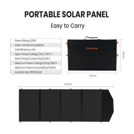 FlexSolar 120W Portable Solar Panel for 300/500/1000/1500W Power Station,IP67 Waterproof Folding Solar Charger with USB C&2 USB A&18V DC Output Charge Generator,Cell Phones,Power Bank,12V Car Battery - Image 3