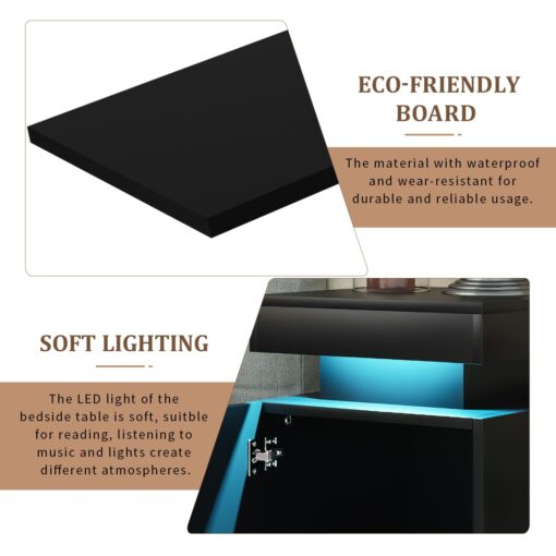 oneinmil Nightstand Set of 2 with LED Lights,Night Stand with Storage Cabinet for Bedroom,Bedside Table with LED, Black - Image 2