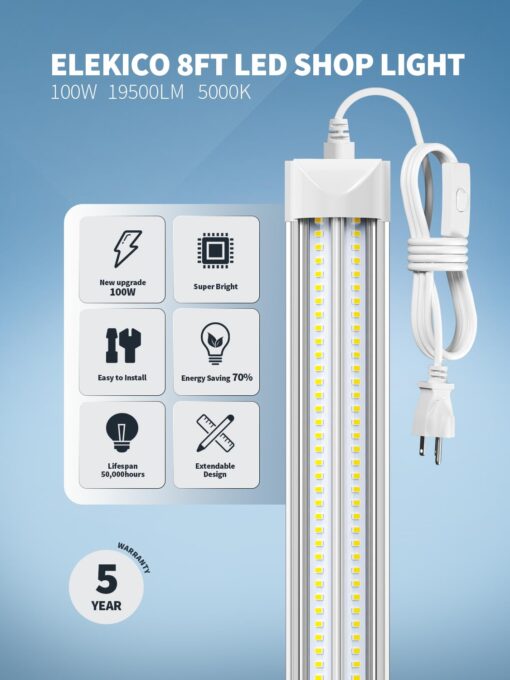ELEKICO 8' Led Shop Lights,Super Bright 19500LM 100W 5000K 8FT Led Shop Light for Garage,Linkable 8FT Led Garage Ceiling Lights for Garage Ceiling Shop Workshop Warehouse - Image 6