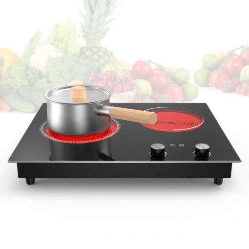 GIHETKUT Electric Cooktop,3000W Built-in & Countertop Electric Burner,Stove Top with10 Heating Level, Timer & Kid Safety Lock, LED Knob Touch Control 2 Burner Cooktop (No Plug)