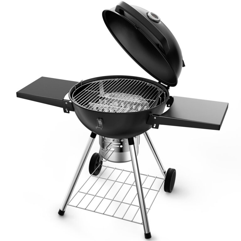 Harbweb 22 Inch Charcoal Grill with 2 Foldable Side Tables,Charcoal Kettle Grills with Wheels,Outdoor bbq Grill,Portable Charcoal Grill for Camping,Party,Backyard (Black)