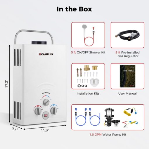 Tankless Water Heater, Camplux 1.58 GPM Propane Portable Water Heater With Pump Kit, White - Image 3