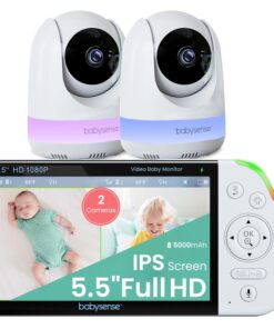 Babysense 5.5” 1080p Full HD Split-Screen Baby Monitor, Video Baby Monitor with 2 Cameras and Audio, 6-Color RGB Night Light, 1000ft Range, Two-Way Audio, 4X Zoom, 5000mAh Battery
