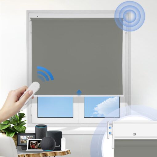 Grandekor No Drill Motorized Blinds with Remote, Blackout Roller Shade Electric Smart Remote Control Blinds, Fit for APP and Voice Control Smoky Gray-Blackout 55" W x 64" W