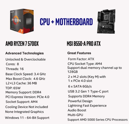 INLAND AMD Ryzen 7 5700X 8-Core 16-Thread Unlocked Desktop Processor with MSI B550-A PRO ProSeries Motherboard (AMD AM4, DDR4, PCIe 4.0, SATA 6Gb/s, M.2, USB 3.2 Gen 2 ATX) - Image 7