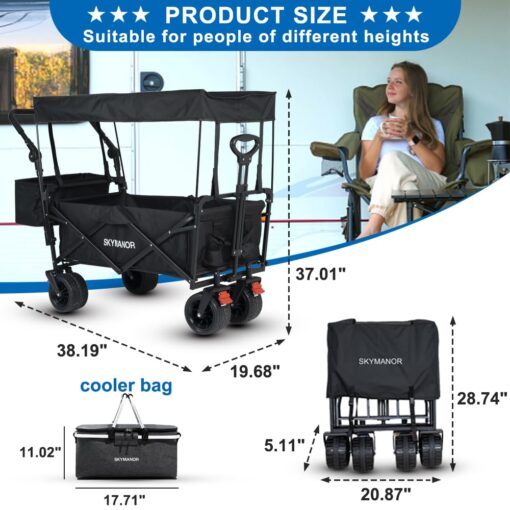 SKYMANOR Collapsible Wagon with Removable Canopy, 3-in-1 Heavy Duty Garden Cart with Big All-Terrain Wheels, Brakes, Adjustable Push Pull Handle, Cooler Bag, 300LBS Wagon Cart for Camping (Black) - Image 6