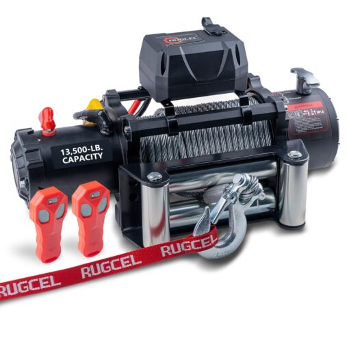 RUGCEL WINCH 13500lb Waterproof Electric Truck Winch 12V Steel Rope Jeep Winch with Roller Fairlead, Wired Handle and 2 Infrared Remote,for UTV ATV & Jeep Truck and Wrangler in Car Lift