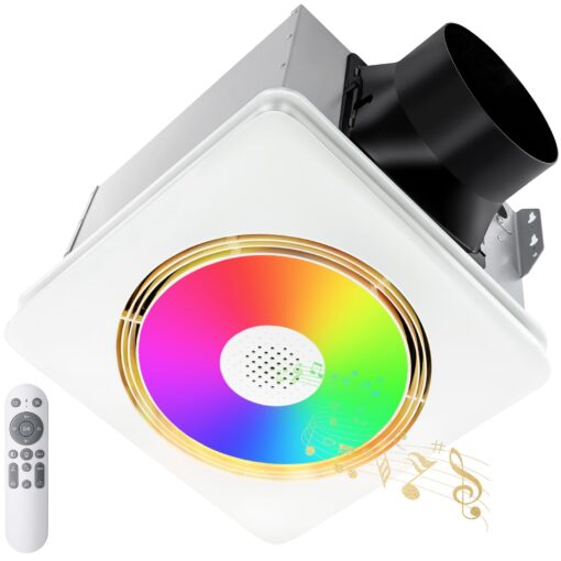 GROWNEER Bathroom Fan with Bluetooth Speaker, 110/160 CFM 1.0 Sone Bathroom Exhaust Fan with Heater, Exhaust Fan with Light & Remote, 9 RGB Modes, 1500lm 3 Color Temperature & Nightlight, EZ Install