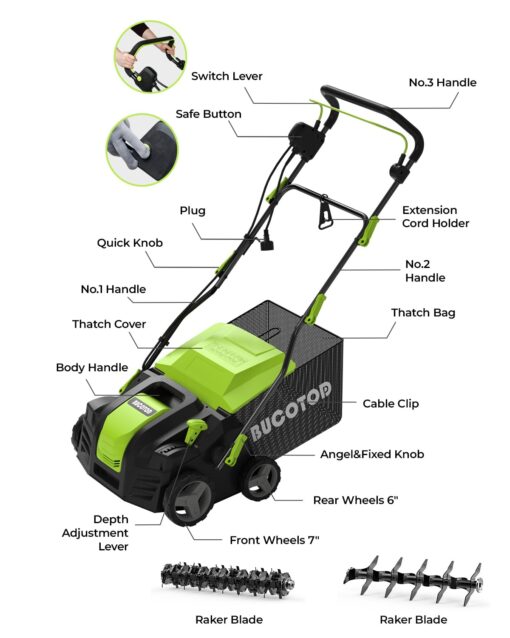 2-in-1 16-Inch Dethatcher & Scarifier Electric Corded, 15 Amp Copper Motor, Electric Lawn Dethatcher with 5-Position Depth Adjustment, 14.5 gal Thatch Bag,Walk Behind for Yard Lawn Garden Care - Image 3