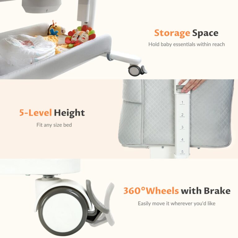 VaVaSoo Rocking Bassinet for Baby Electric 3 Motion Automatic Bedside Sleeper Auto Rolling Newborn Cradle Rocks Itself 5 Height Adjustable with Music, Wheels, Storage, Grey & White - Image 4